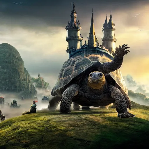 Prompt: giant tortoise walking with a large fantasy castle armor, distant shot birds eye view, fantasy, hyper detailed, 4 k, howls moving castle, mortal engines,