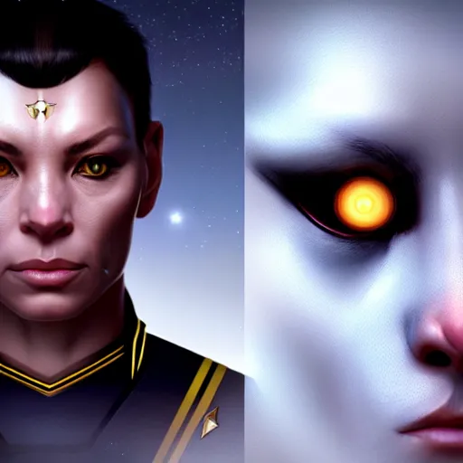 Image similar to UHD Photorealistic Feline-human hybrid Starfleet Officer with cybernetic implants, hyperrealistic, correct details, cosmic dynamic lighting, symmetrical face, accurate face, by Greg Rutkowski