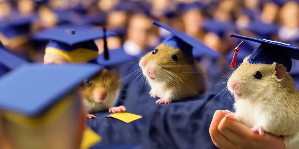 Image similar to A professional photograph of a hamster in a graduate hat doing a speech from a speech tribune , shatterstock, university, cinematic, 8K, award-winning photo, highest quality, perfect moment