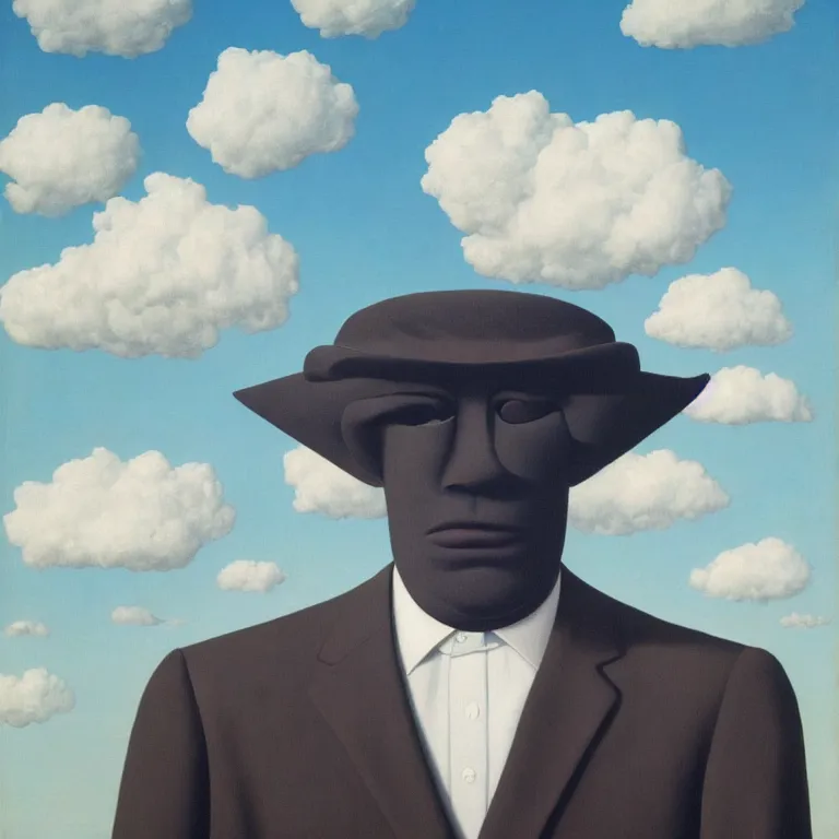 Image similar to portrait of a faceless shadow - head man in a suit, clouds in the background, by rene magritte, detailed painting, distance, middle centered, hd, hq, high resolution, high detail, 4 k, 8 k