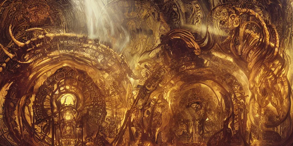 Image similar to ancient temple made of ribs and spines and teeth, gold ram horns, copper goat skulls, grand imposing powerful sculpture. swirls of mist. sunrise, intense light beams, lens flare. occult photorealism, uhd, amazing depth, volumetric lighting, cinematic lighting. epic landscape. alphonse mucha.