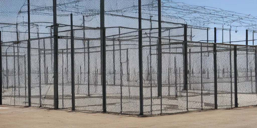 Prompt: cages at guantanamo bay prison, no army