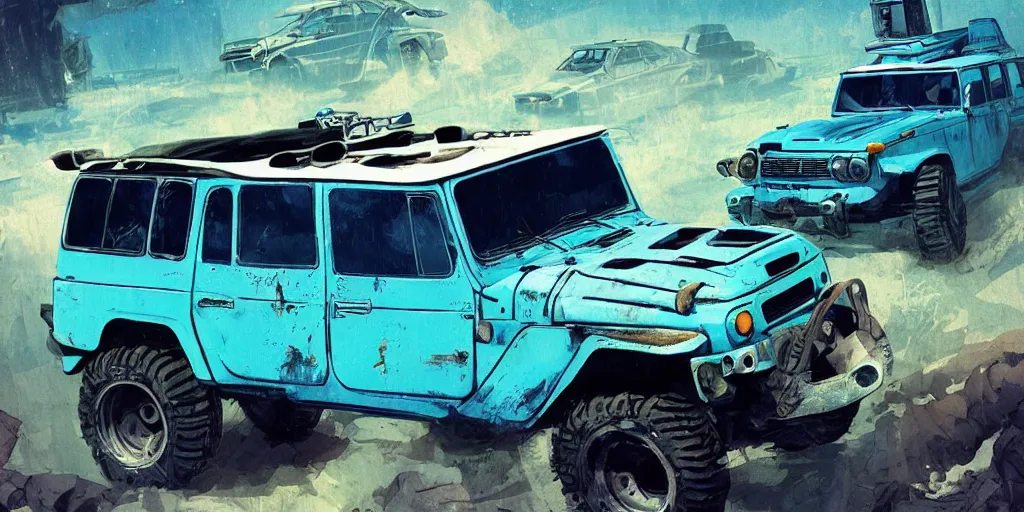 Image similar to digital illustration of a futuristic faded cyan mad max's fj 4 0 decrepit!!!! pursuit special, rusty!!! cyberpunk nissan fj cruiser heavily modded 1 9 9 0 s, the last v 8 interceptor by makoto shinkai, ilya kuvshinov, lois van baarle, rossdraws, basquiat