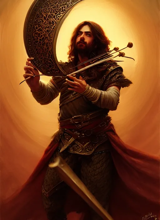 Image similar to male bard playing lute, full body, hyper realistic, extremely detailed, dnd character art portrait, dark fantasy art, intricate fantasy painting, dramatic lighting, vivid colors, deviantart, artstation, by clyde caldwell and krenz cushart and artem demura and john williams waterhouse