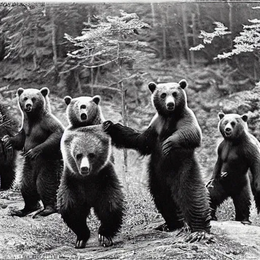 Image similar to “ a group of grizzly bears wearing full samurai armour in the forest, 1 9 0 0 ’ s photo ”