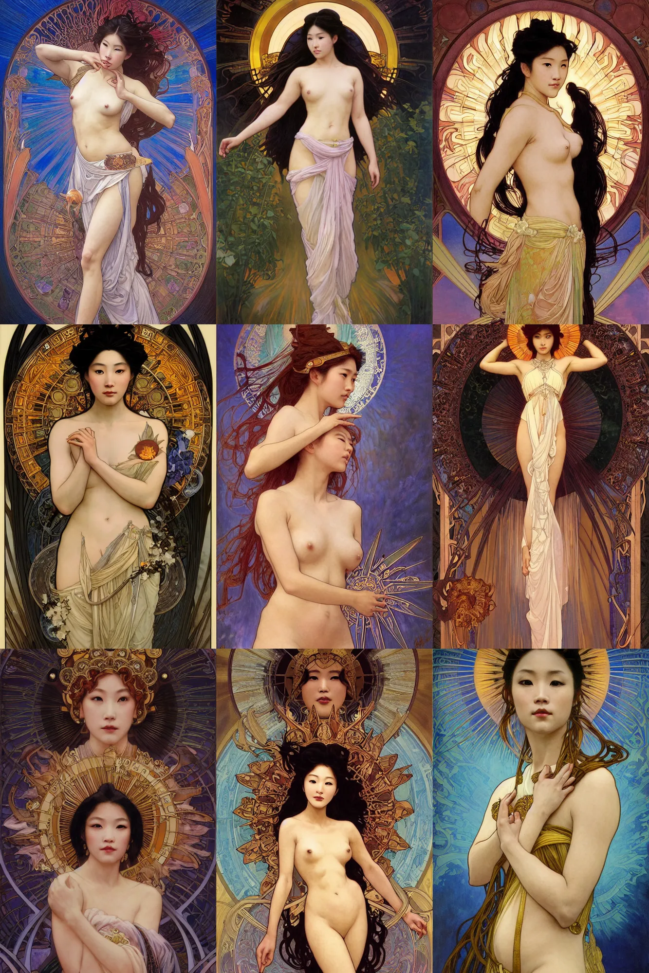 Prompt: stunning, breathtaking, awe-inspiring award-winning concept art nouveau painting of attractive Ashley Liao as the goddess of the sun, with anxious, piercing eyes, by Alphonse Mucha, Michael Whelan, William Adolphe Bouguereau, John Williams Waterhouse, and Donato Giancola, cyberpunk, extremely moody lighting, glowing light and shadow, atmospheric, cinematic, 8K