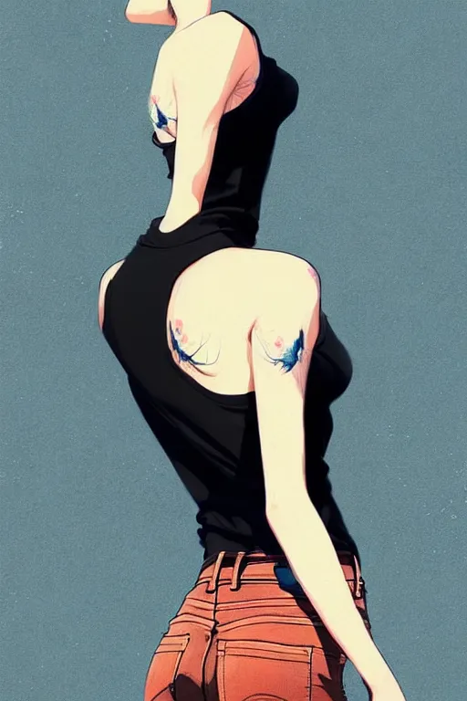 Image similar to a ultradetailed beautiful full body painting of a stylish woman with short hair, she is wearing a black tank top and jeans, by conrad roset, greg rutkowski and makoto shinkai trending on artstation