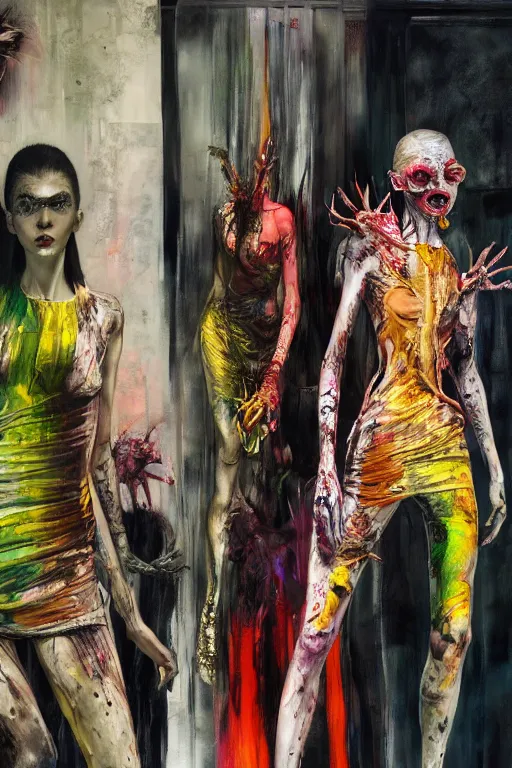 Image similar to crazy fashion catwalk, one model, crazy clothes, biopunk style, horror, hauntingly surreal, highly detailed painting by francis bacon, edward hopper, adrian ghenie, gerhard richter, and james jean soft light 4 k,