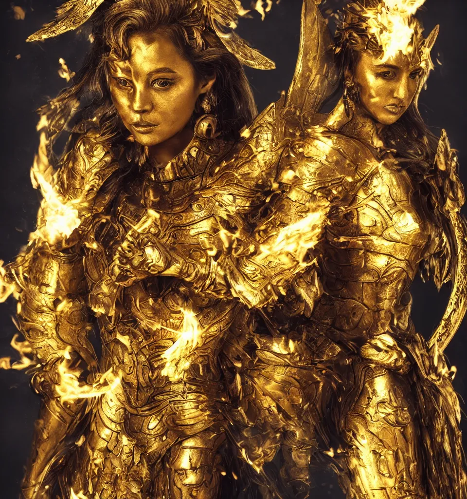 Image similar to Close-up shot of a fiercely beautiful woman in golden angelic battle armor wielding a flaming sword, action shot, cinematic, epic, Soft lighting, attractive, highly detailed, trending on artbreeder