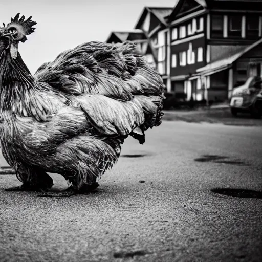 Image similar to Giant automoton chicken destroying a village (1942), Canon EOS R3, f/1.4, ISO 200, 1/160s, 8K, RAW, unedited, symmetrical balance, in-frame