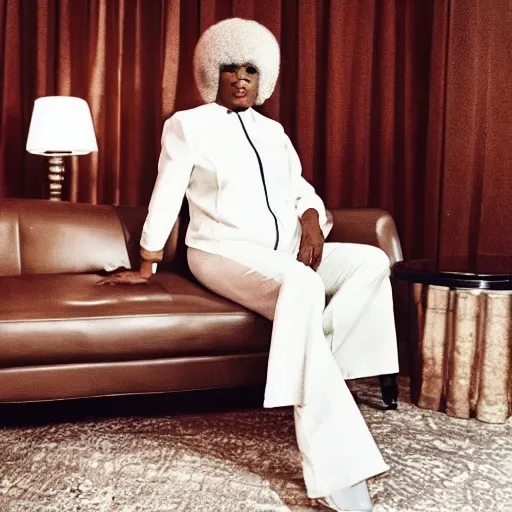 Image similar to donald trump with afro wearing 1 9 7 0 s bellbottoms clothing, black and white, full body profile, sitting on vintage leather sofa, vogue cover, dramatic lighting