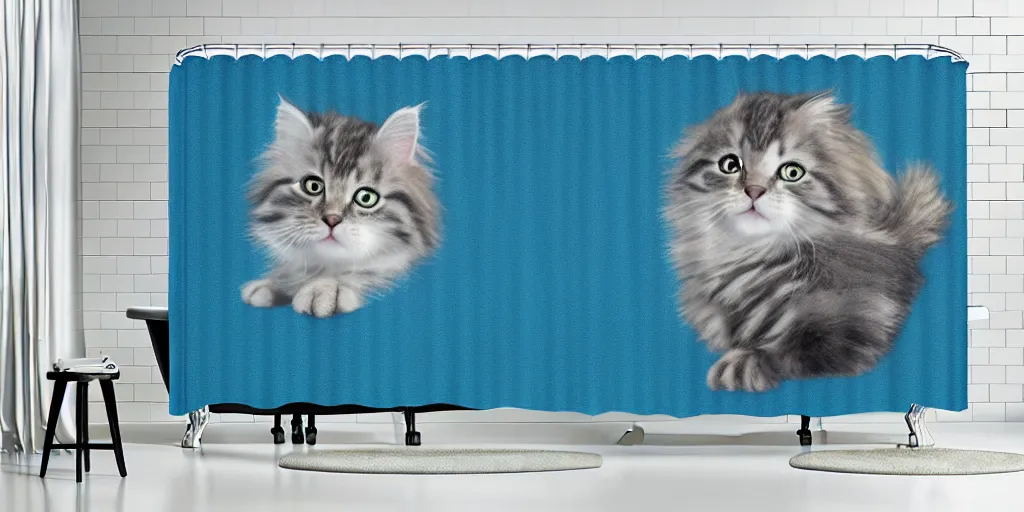 Image similar to a ( ( main coon kitten ) ) little mermaid themed shower curtain, shower curtain product photography. digital art. 4 k, highly detailed. saturated.