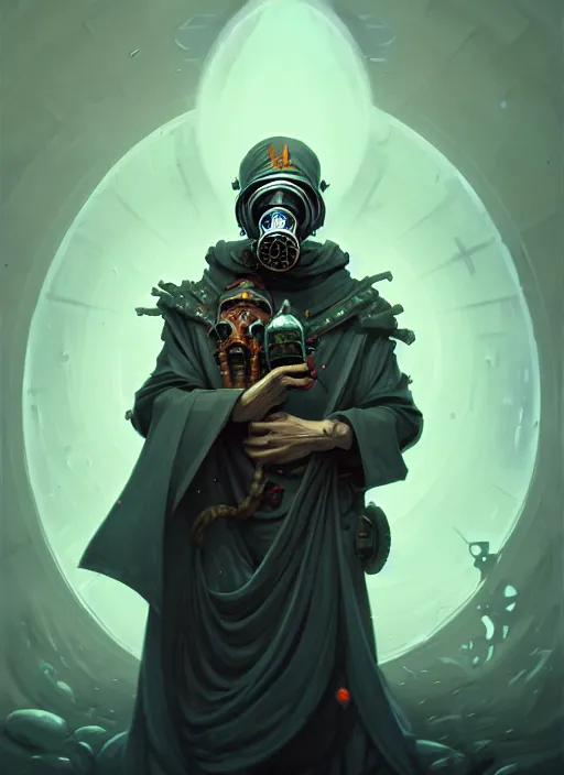 Prompt: the old necromancer, wearing a wizard cloak, gas mask, in the style peter mohrbacher, hyper detailed, intricate, complex, 8 k, crisp,