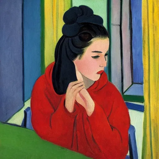 Image similar to early morning. a young woman wearing a cozy hoodie, with double buns hairstyle is texting on her smartphone. sunlight is entering through the window and beautifully lighting the face. depth of field, backlit, closeup, oil on canvas, art by henri matisse 1 9 4 4, in the style of dance by henri marisse, 1 9 1 0, smooth, fauvism, 2 k