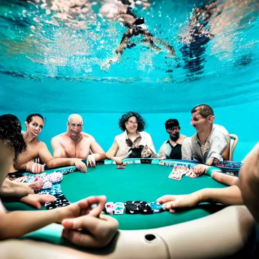 Prompt: people playing poker on the bottom of a pool, underwater photography