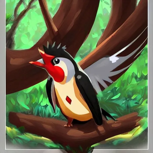 Prompt: a pokemon that looks like a woodpecker, a woodpecker with a luminous jewel for a beak ， trending on art station. unreal engine.
