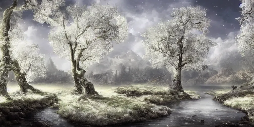 Image similar to a fantasy landscape with white beautiful trees