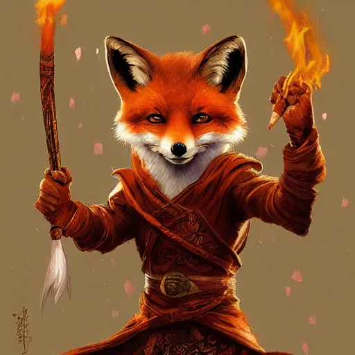 Prompt: anthropomorphic fox firebender holding a wand, digital painting, intricate, sharp focus, aleksi briclot, rutkowski