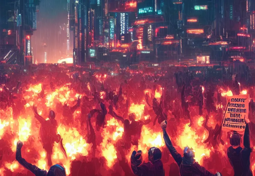 Image similar to angry protesters holding placards, digital illustration by greg rutkowski, android netrunner, cyberpunk city background, colored lighting