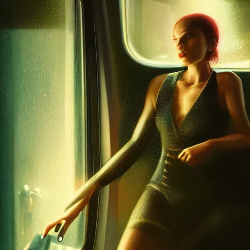 Prompt: detailed portrait of a woman, moment, cyberpunk mag - lev bullet train electronic billboards, tech noir, wet reflections, atmospheric, ambient, livia prima, greg rutkowski, edward hopper, pj crook