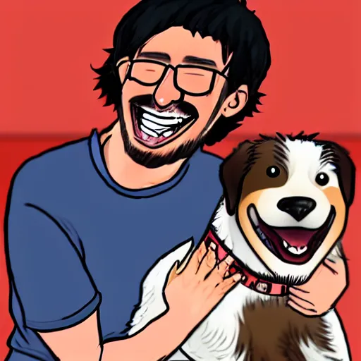 Image similar to a caricature of Markiplier laughing happily as he pets his dog.