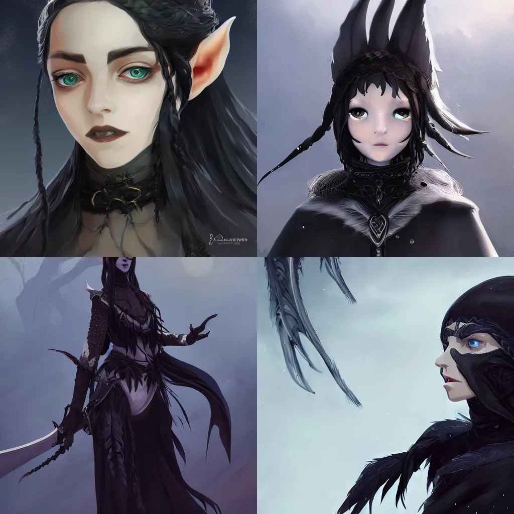 Prompt: an elf woman with white braided hair, wearing a black cape made of crow feathers, highly detailed, digital painting, artstation, matte, bloodborne style, gothic, by makoto shinkai, animation style