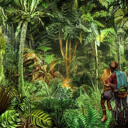 Image similar to interior shot of a lush jungle with two steam punk explorers navigating the harsh terrain,