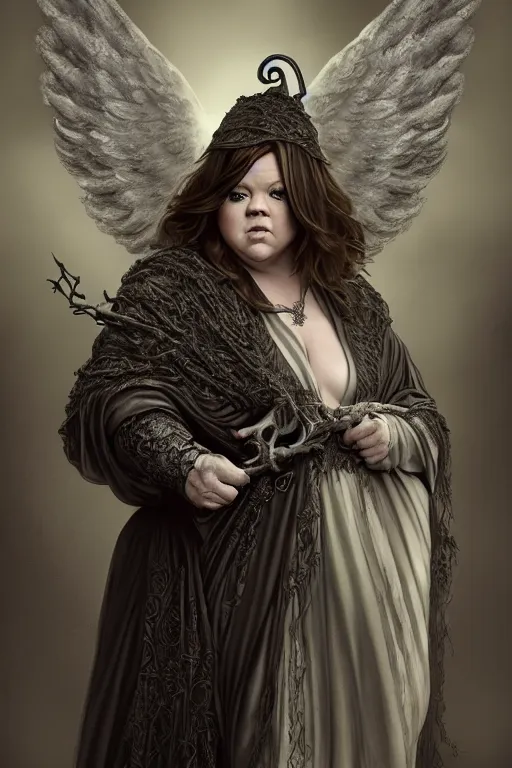 Prompt: Full body potrait of Melissa McCarthy as and angel wearing cloak made of smoke and ashes, death is partly draped with bones, death is split in two with smoke, fantasy, intricate, elegant, highly detailed, digital painting, artstation, waman is curved, concept art, smooth, sharp focus, illustration, art by Ilja Repin