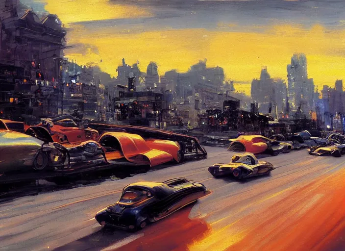 Prompt: hotrods driving down a street , vintage, high detail, golden hour, 8K, by John Berkey