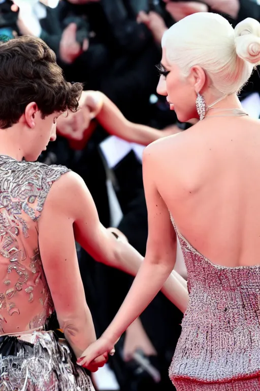 Image similar to timothee chalamet and lady gaga holding hands on the red carpet, beautiful detailed faces, high resolution, 4 k 8 k