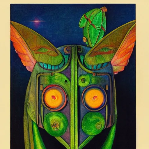 Prompt: robot wearing a luna moth mask, by annie swynnerton and leo and diane dillon and adolf wolfli and ( diego rivera ), elaborate costume, little glowing lights, rich color, dramatic cinematic lighting, smooth, sharp focus, extremely detailed