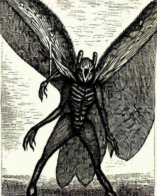 Image similar to illustration of mothman from the dictionarre infernal, etching by louis le breton, 1 8 6 9, 1 2 0 0 dpi scan