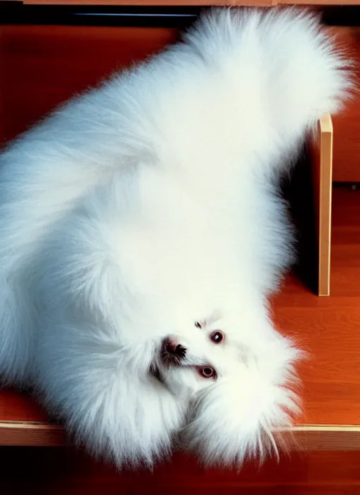 Image similar to realistic photo of a white fluffy hairy sweater, straight laying on a wooden desk 1 9 9 0, life magazine reportage photo, natural colors