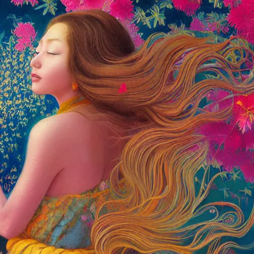 Prompt: A beautiful painting of a woman is shown from behind, her body slightly blurred as if in motion. Her long hair cascades down her back, and she is holding a small bird in her hand. full of color by Hikari Shimoda, by Maxfield Parrish, by Siya Oum rendered in octane