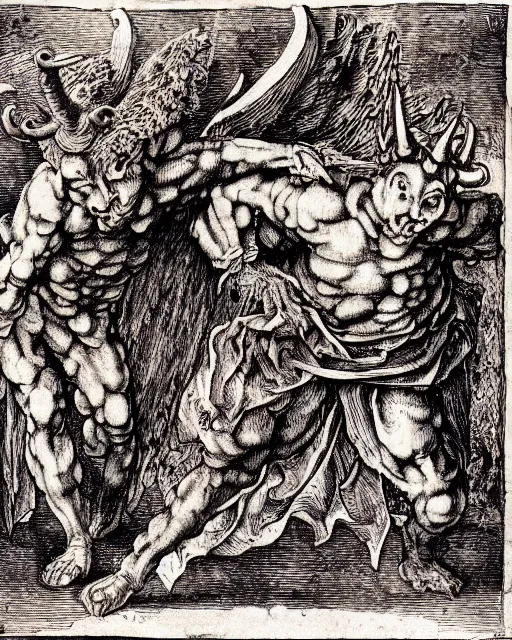 Prompt: devil fights angel, high detail, extremely detailed, very sharp, in the style of albrecht durer,