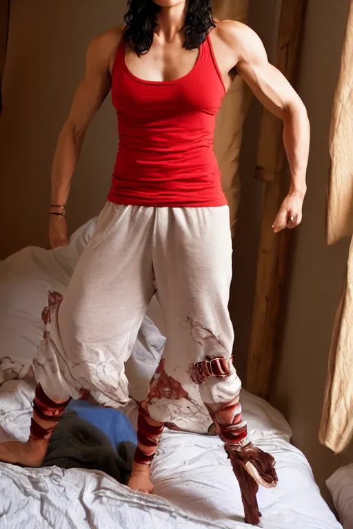 Prompt: realistic photograph. warrior woman, 2 7, in her bedclothes. tight white tanktop shows strong feminine figure. loose comfortable red pajama pants. jaimie alexander. short hair, straight, ravenblack. faircomplected but tan. tall gracile, but thick ripped jacked vascular buff muscular arms and large ample bust.