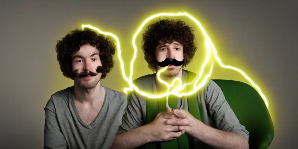 Image similar to french white man with puffy hair, mustache and a green sitting on a black chair in his room looking at the camera, photorealistic, webcam, yellow lightning