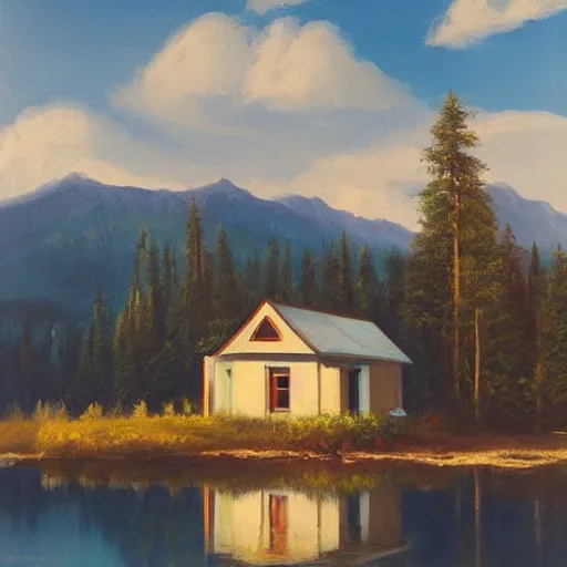 Prompt: small robot cottage at the edge of a lake in the mountains, painting by frank moth, soft glowing windows, early evening, reflections, pine trees, detailed, outlined