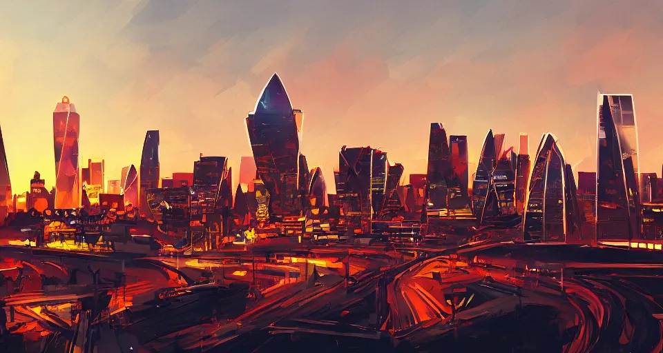 Image similar to color sketch of the london skyline, highly detailed, dramatic lighting, intense shadows, rich deep colours, by james gilleard