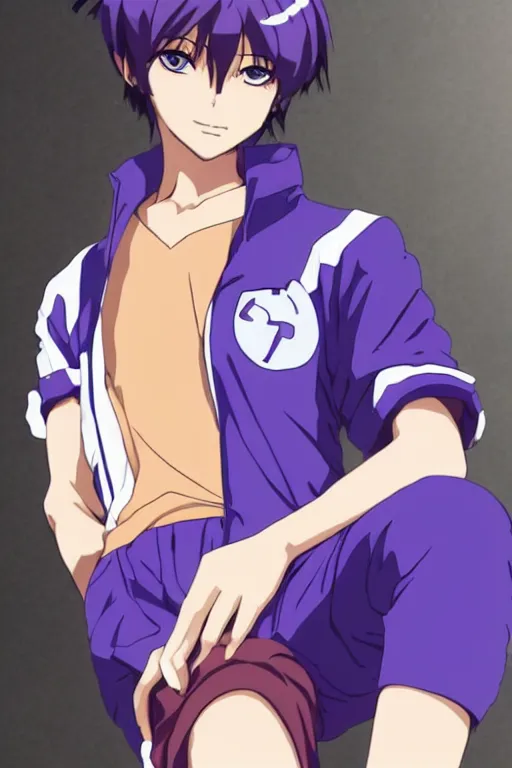 Image similar to portrait of a teen boy wearing a blue and white jumpsuit, brown spiky hair, tan skin, purple eyes, detailed, anime key visual, hisashi hirai