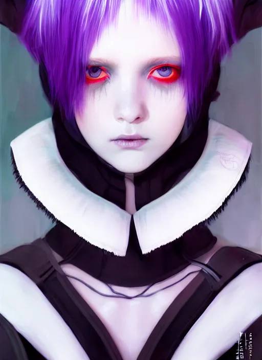 Image similar to whitebangs, black hair, black cyberlox, portrait of normal teenage girl, normal face, white bangs, fluffy bangs, cyberlox, whitebangs, red contact lenses, purple background, intricate, elegant, highly detailed, digital painting, artstation, concept art, sharp focus, smooth, illustration, art by wlop, mars ravelo and greg rutkowski