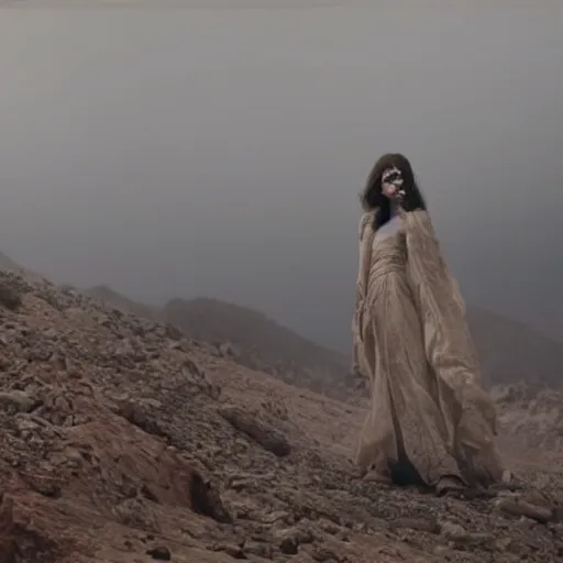 Image similar to The full body shot of beautiful pale woman with white flowers and full-face golden mask in a rocky desert landscape, smoke around her, volumetric lighting, multiple eyes and dry earth by Denis Villeneuve, Lubezki, Gaspar Noe and Christopher Doyle, anamorphic lens, anamorphic lens flares, kodakchrome, cinematic composition, practical effects, award winning photo, 8k