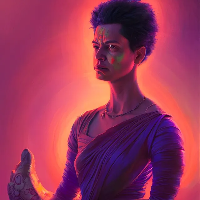 Prompt: portrait of chrisjen avasarala from the expanse by mandy jurgens, dressed in a sari, cartoon, oil painting, visionary art, magic symbols, holy halo, neon ambient lighting, high detail, vibrant colors,