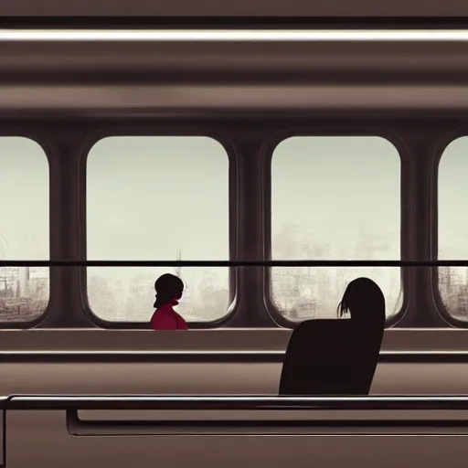 Prompt: Young girl looking out the window of a train with the setting sun in the background and a foggy futuristic cyberpunk city in the foreground. A lizard man sleeps on a seat next to the girl, dimly lit by LED lights.