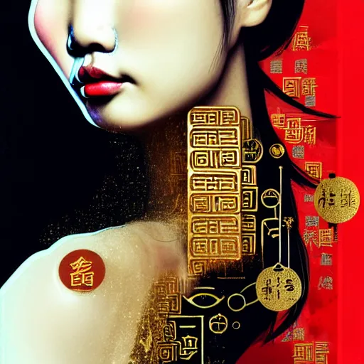 Image similar to portrait and side profile of a chinese woman :: side profile :: in ocean :: clockwork details :: gold :: blood and horror :: by vikings and Sandra Chevrier