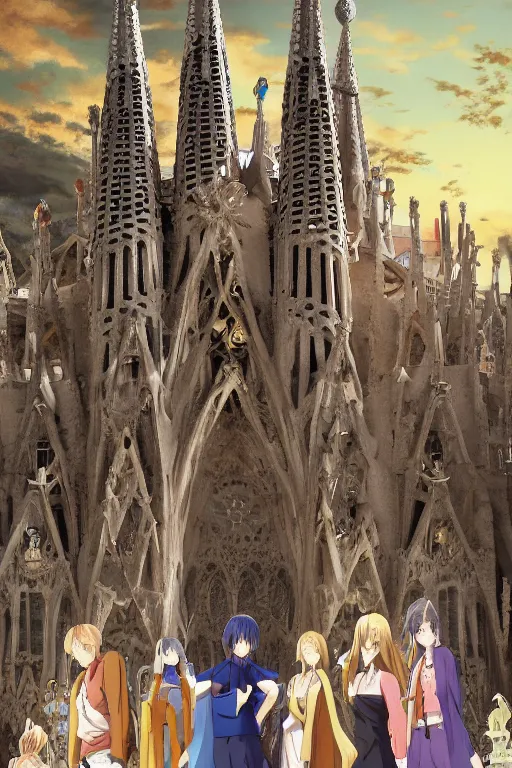 Image similar to sagrada familia cathedral and shiba ， anime fantasy illustration by tomoyuki yamasaki, kyoto studio, madhouse, ufotable, comixwave films, trending on artstation 8 k