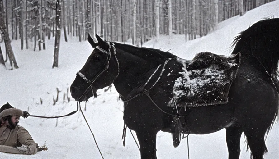 Prompt: 1 9 6 0 s movie still close up of marcus aurelius frozen to death with his horse under the snow by the side of a river with gravel, pine forests, cinestill 8 0 0 t 3 5 mm b & w, high quality, heavy grain, high detail, texture, dramatic light, anamorphic, hyperrealistic, detailed hair, foggy