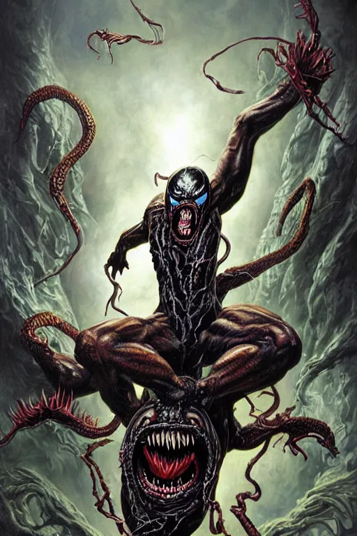 Image similar to venom. art by tomasz alen kopera and glenn fabry.