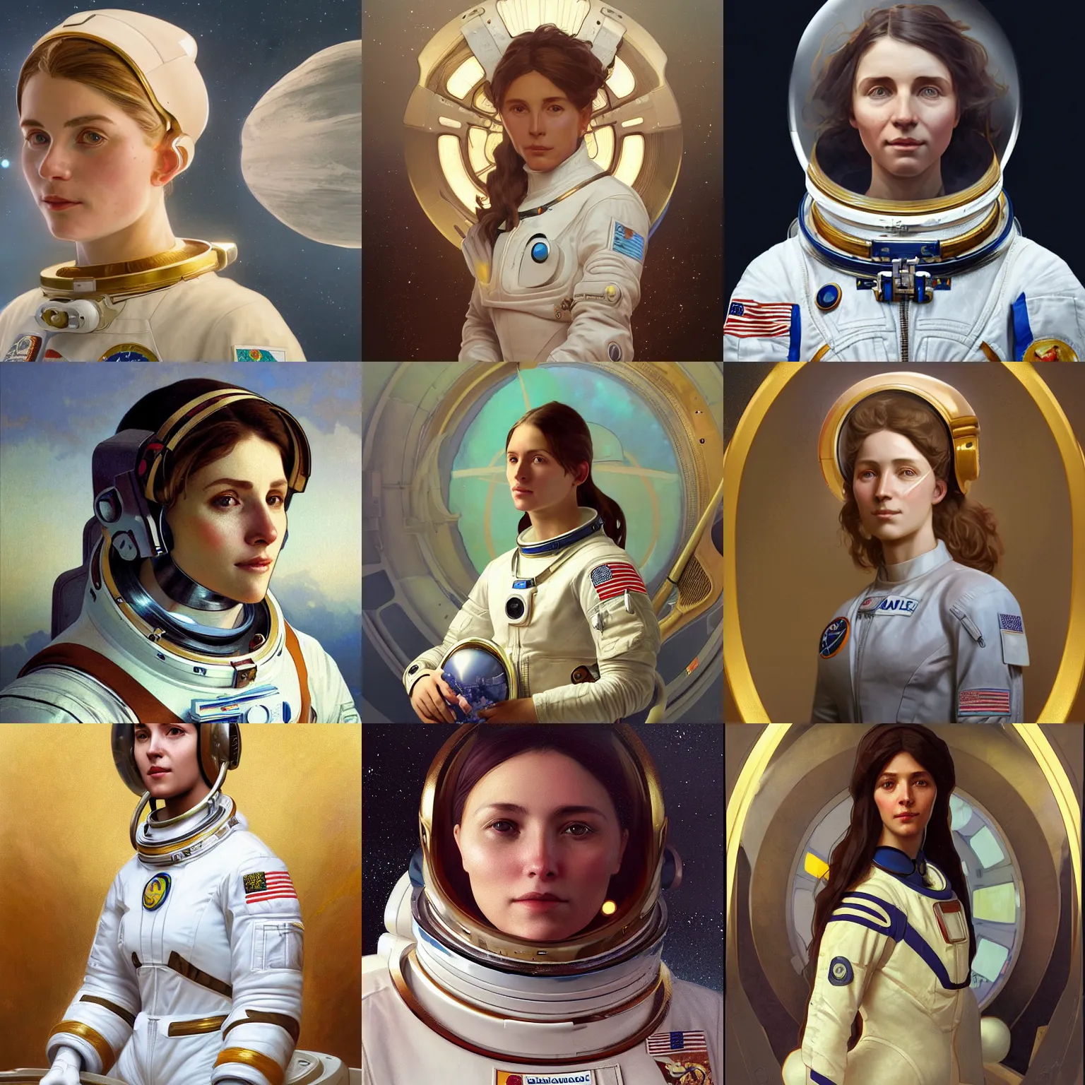 Prompt: a portrait painting of a female astronaut, by greg rutkowski and alphonse mucha, marble, gold, unreal engine 5