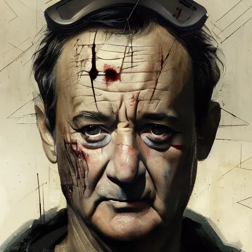 Image similar to close-up, symmetrical!, portrait of a young Bill Murray, bruised and scarred! cyberpunk, techwear! by Greg Rutkowski, matte painting, trending on artstation